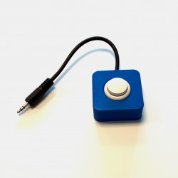 Arcade Taster, 24mm (Button-Farbe: weiß), Farbe: blau. Klinkenkabel verkürzt dargestellt.